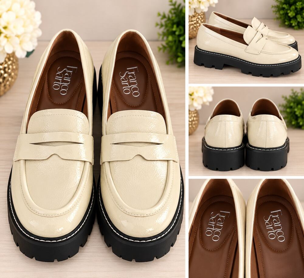 Franco Sarto Cream Patent Lug Sole Penny Loafers Size 7M